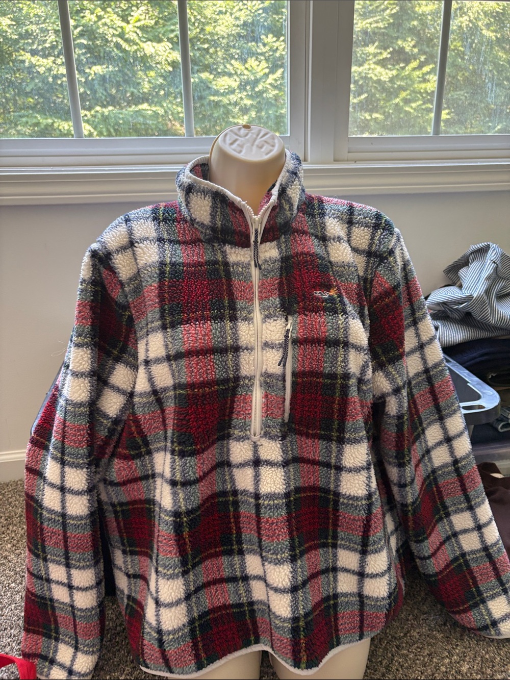 Vineyard Vines Red White and Black Plaid Quarter-Zip Fleece